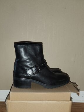 Coach Black Leather Ankle Booties with Studded Buckle